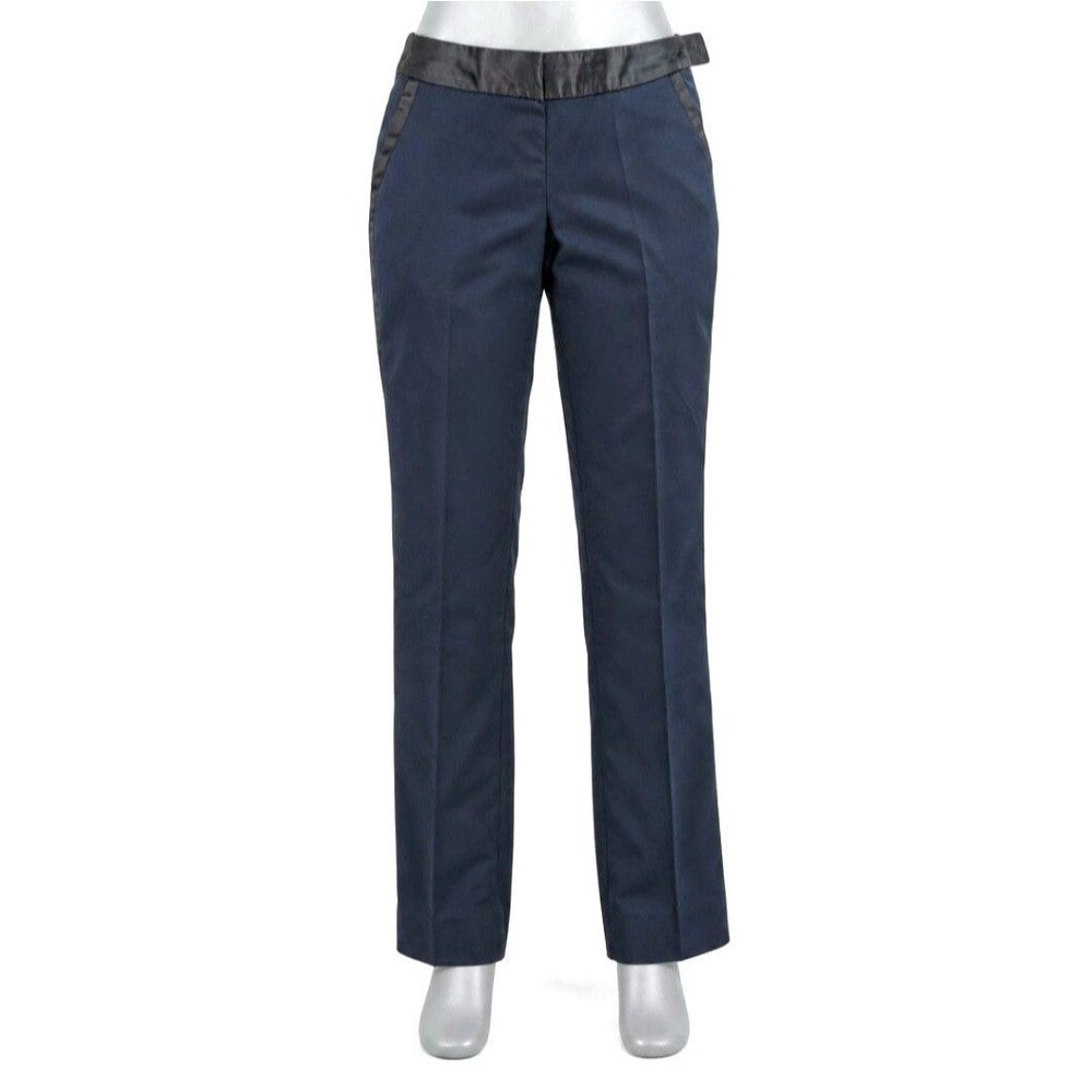 ​Estee Lauder Uniform Pants Sz 4 Navy Tuxedo Satin Trim Straight Leg Workwear